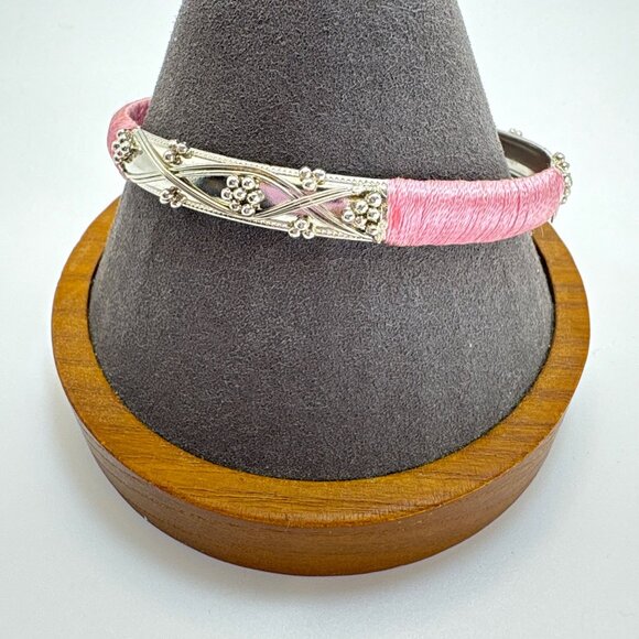 Silver Tone Scroll Design Bangle Bracelet Pink Cord Wrap Size 7.5" Fit - Picture 4 of 9